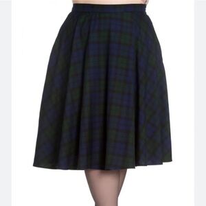 Hell Bunny Vixen Vintage-Inspired Navy and Green Plaid A-Line Skirt - Medium